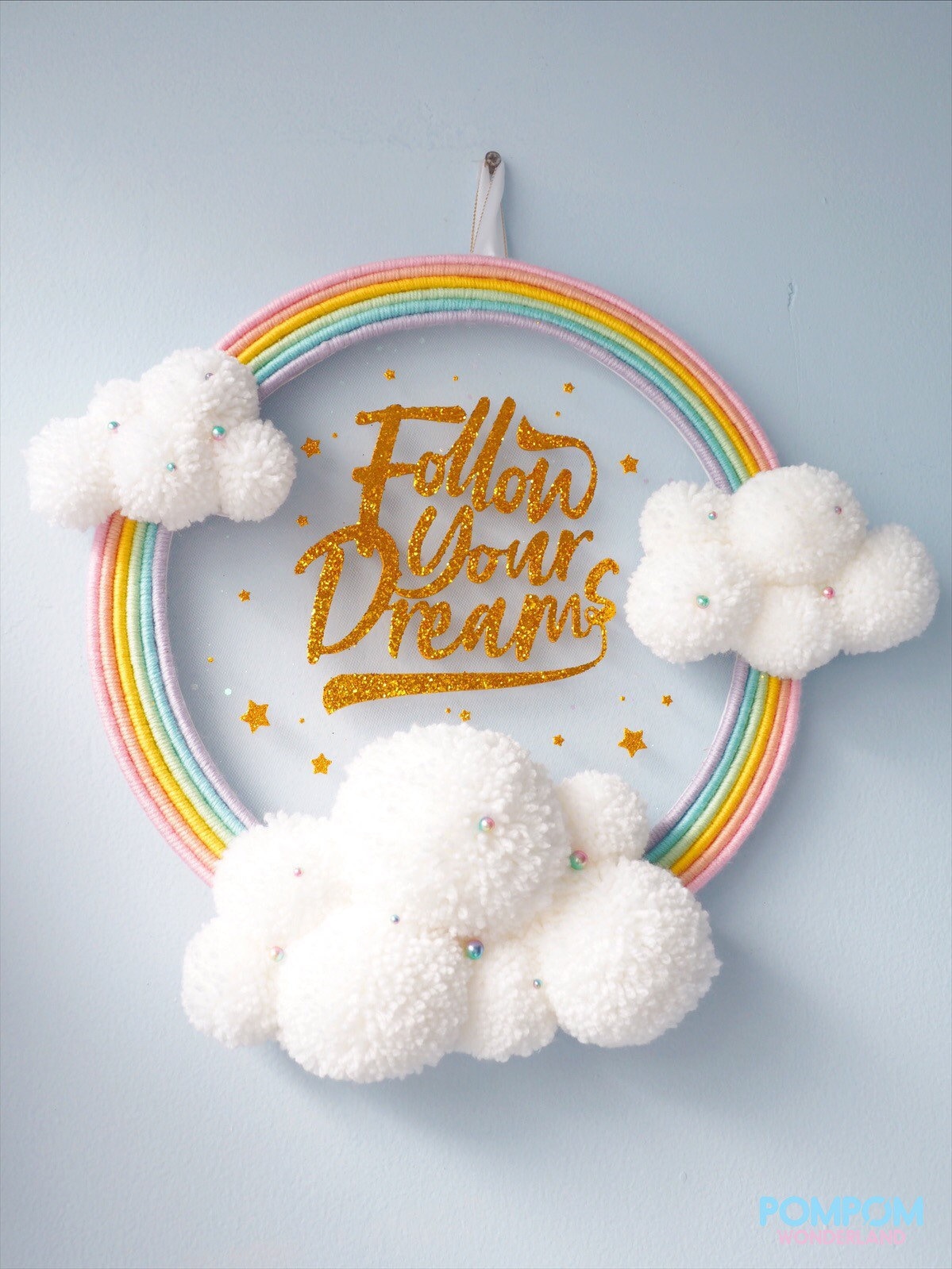 Pompom Rainbow Wreath - Custom Name Sign - Home Decor - Wall Hanging - Pastel - Dreamer - Cloud Wreath