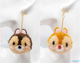 Pompom Chip & Dale Chipmunks - Pompom Earrings - Chipmunk Keychain - Gift For Her - Tsum Tsum