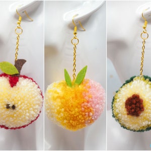 Pompom Peach - Pompom Earrings - Fruits - Apple - Avocado - Pompom Keychain