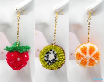 Pompom Strawberry - Pompom Earrings - Fruits - Orange - Kiwi - Lime - Pompom Keychain