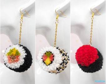 Pompom Sushi Rolls - Pompom Earrings - Sushi Keychain - Maki Roll - California Roll - Gunkan Maki - Japanese Food