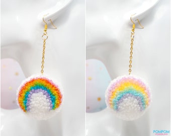 Pompom Rainbow - Pompom Earrings - Pastel - Sweet - Rainbow Accessories - Pompom Keychain - Gift For Her - Rainbow Keychain