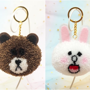 Pompom Brown Bear & Cony Bunny - Pompom Keychain - Brown Bear Keychain - Cony Bunny Keychain - Gift For Her - LINE Friends