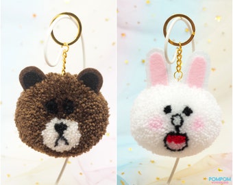 Pompom Brown Bear & Cony Bunny - Pompom Keychain - Brown Bear Keychain - Cony Bunny Keychain - Gift For Her - LINE Friends