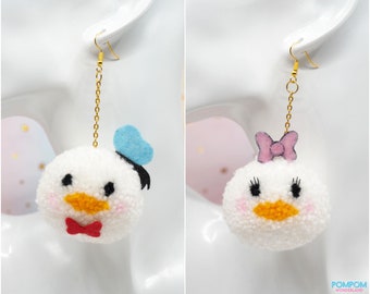 Pompom Donald Duck & Daisy Duck - Pompom Earrings - Pompom Keychain - Donald Duck Keychain - Gift For Her - Tsum Tsum