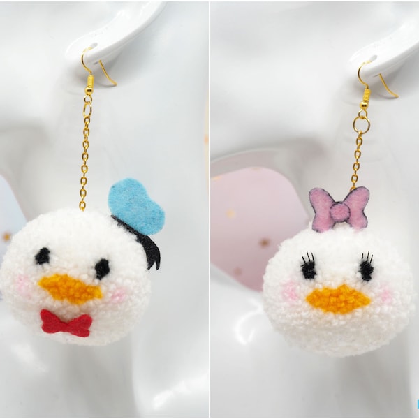 Pompom Donald Duck & Daisy Duck - Pompom Earrings - Pompom Keychain - Donald Duck Keychain - Gift For Her - Tsum Tsum