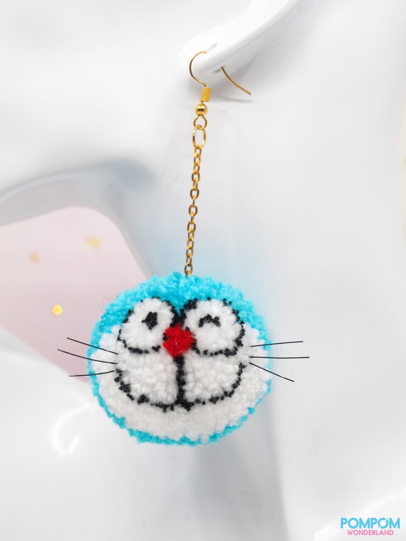 Pompom Doraemon Pompom Earrings Pompom Keychain Doraemon Keychain Gift For Her Mini 1