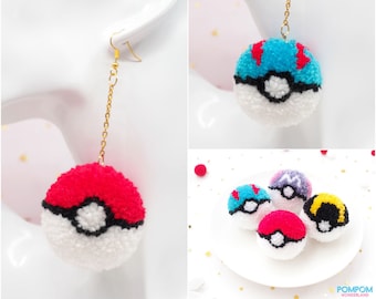 Pompom Pokeball - Pompom Earrings - Keychain - Pokeball Keychain - Great ball - Ultra ball - Master ball - Gift For Her / Him - Pokemon