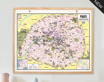 Carte murale Paris capitale, style carte d'école vintage