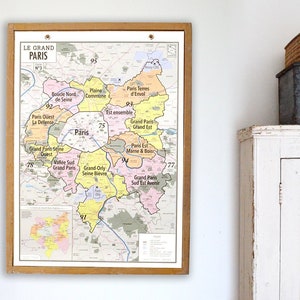 Carte murale du Grand Paris, style carte d'école vintage