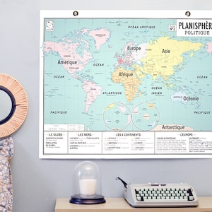 Carte murale du monde,  planisphère style carte d'école vintage (en français)
