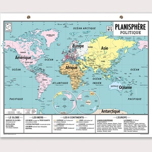 Carte murale du monde, planisphère style carte d'école vintage (en français) image 2