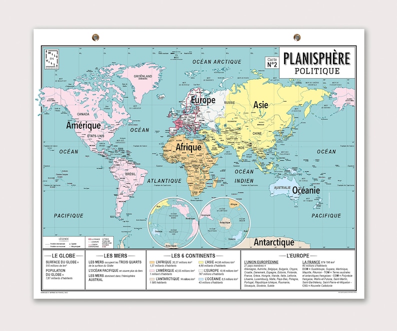 Carte murale du monde, planisphère style carte d'école vintage (en français) image 2