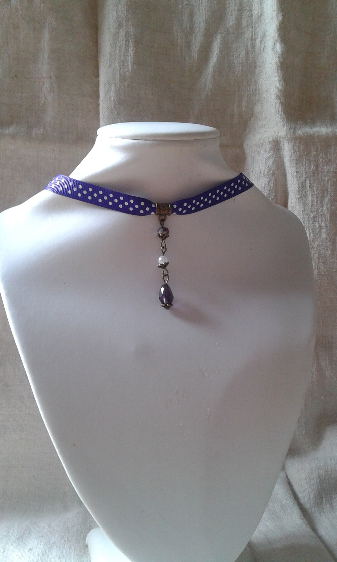 Neck Collar ribbon With Purple Polka Dots and Pearls - Etsy UK