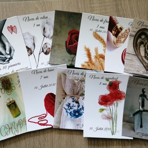 lot de 11 cartes "nos premiers 10 ans de mariage", personnalisables