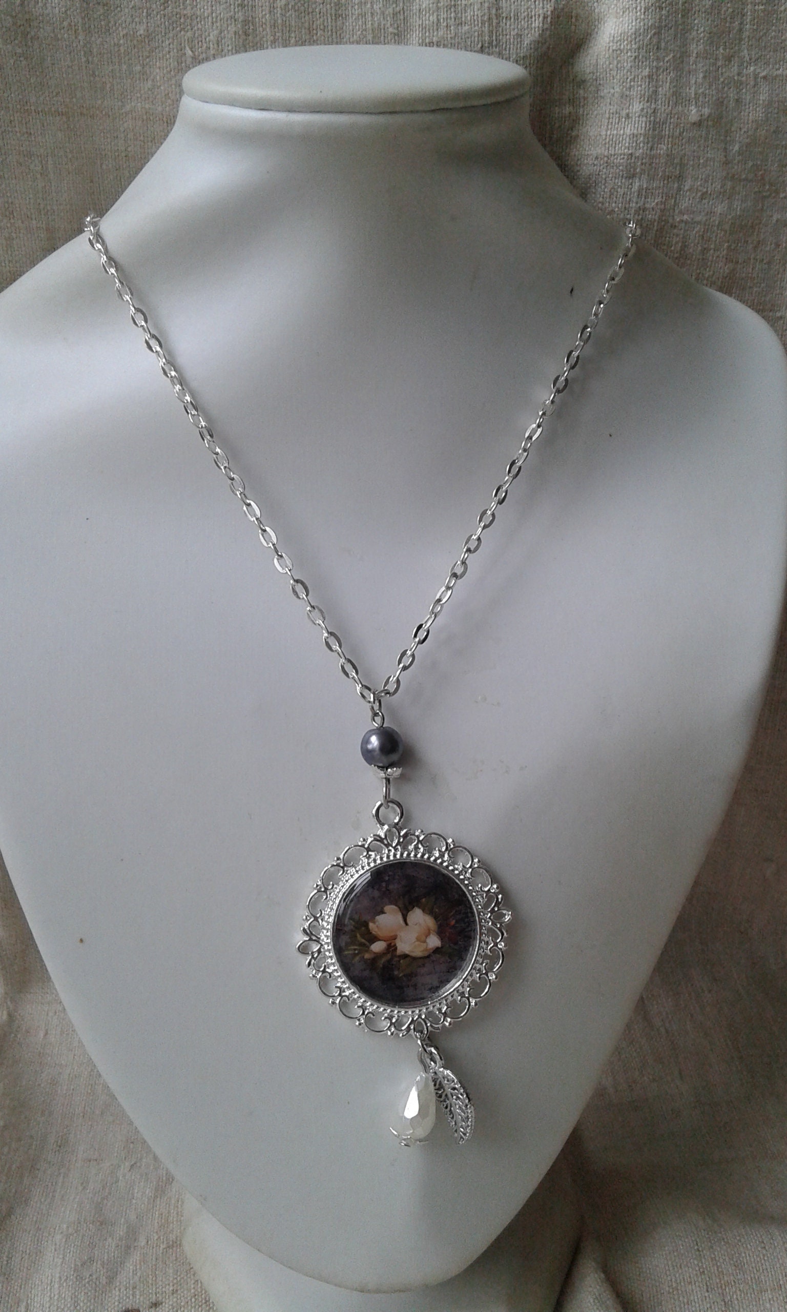 Collier Femme Pendentif Fleur Ivoire - Argent Tibétain 925 - Longueur 46.5 Cm - Neuf Avec étiquettes