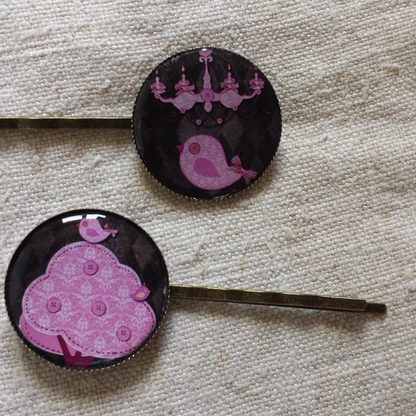 lot de 2 barrettes "oiseau rose"