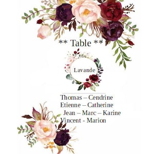 carte plan de table " fleurs", personnalisable RESERVE