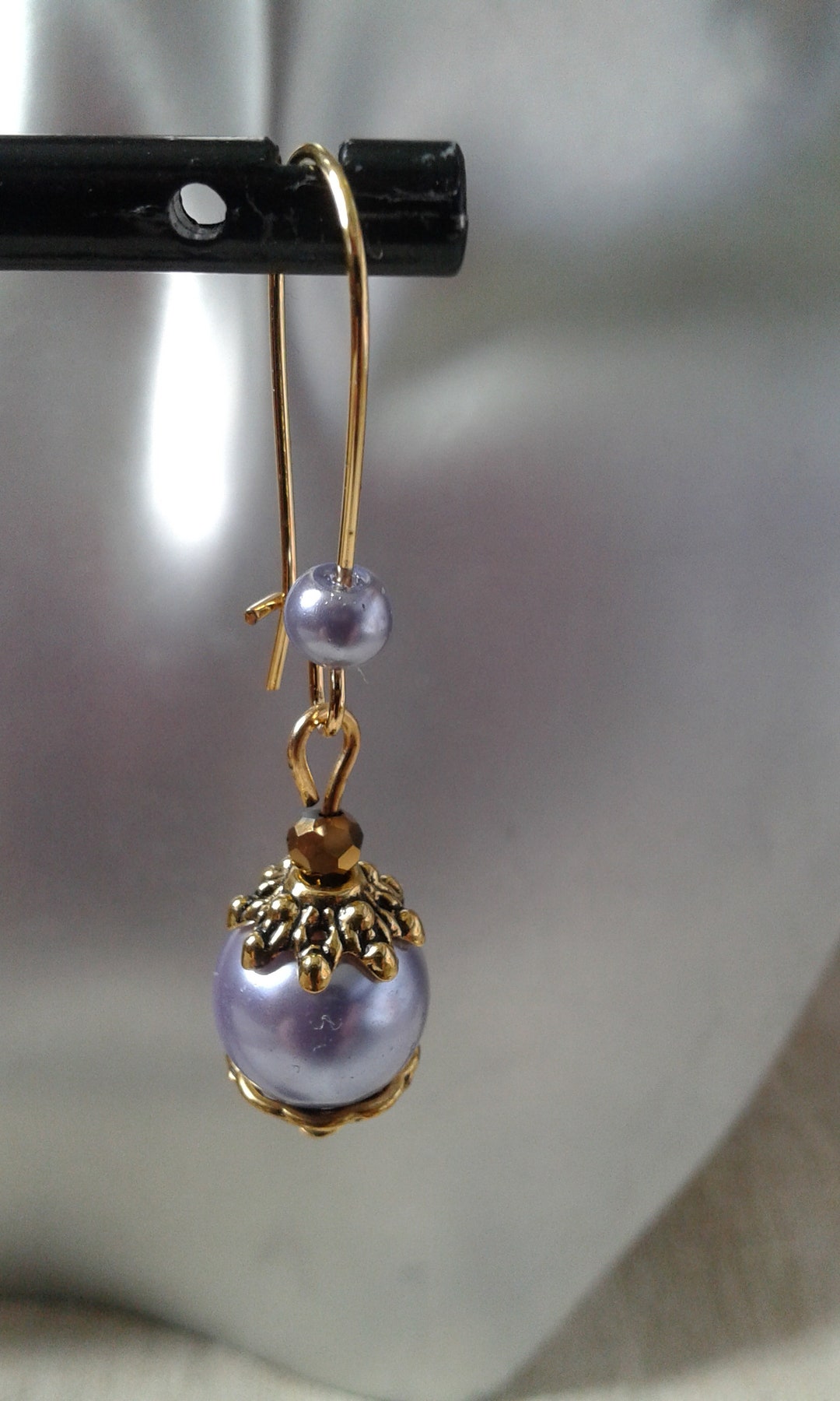 Boucles D'Oreilles Dormeuses En Perles De Culture Violettes - Plaqué Or Jaune 14k - Neuf
