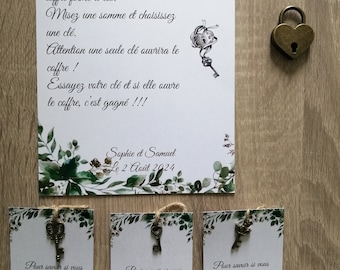 jeu du cadenas, pour jarretière ou bouquet, avec 20 clés plus celle ouvrant le cadenas et ses cartes personnalisables, 12 modèles au choix