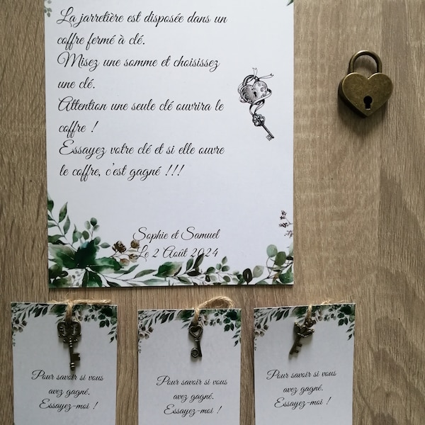 jeu du cadenas, pour jarretière ou bouquet, avec 20 clés plus celle ouvrant le cadenas et ses cartes personnalisables, 12 modèles au choix