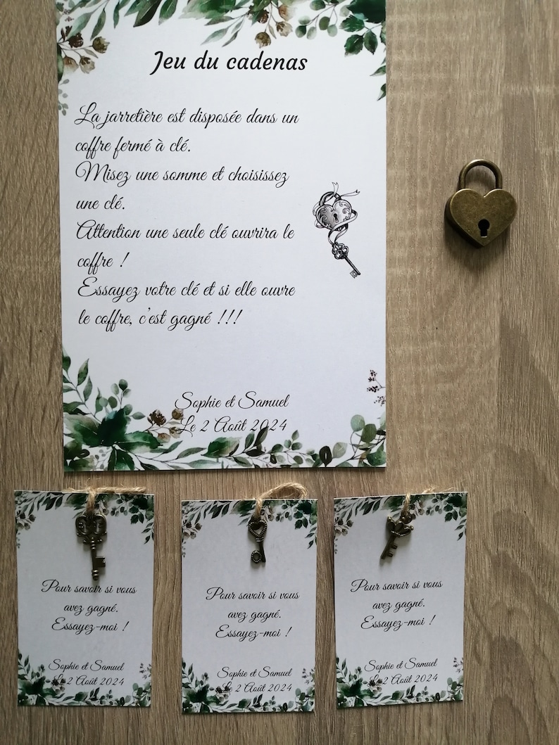 jeu du cadenas, pour jarretière ou bouquet, avec 20 clés plus celle ouvrant le cadenas et ses cartes personnalisables, 12 modèles au choix image 1