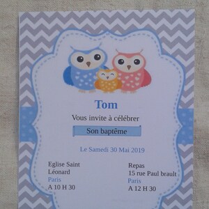 carte invitation "hibou garçon", de baptême, personnalisable