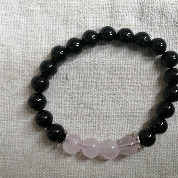 bracelet "Onyx et Quartz rose"