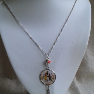 Peut inclure: Un collier en chaîne argent avec un pendentif rond représentant deux oiseaux colorés. Le pendentif est attaché à une petite perle argentée et un charme en plume argentée.