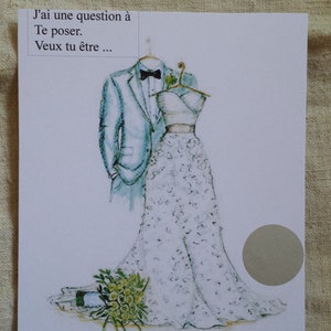 carte à gratter robe et costume "demande de témoin", personnalisable