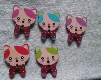 set of 10 "cats" multicolored buttons, wooden