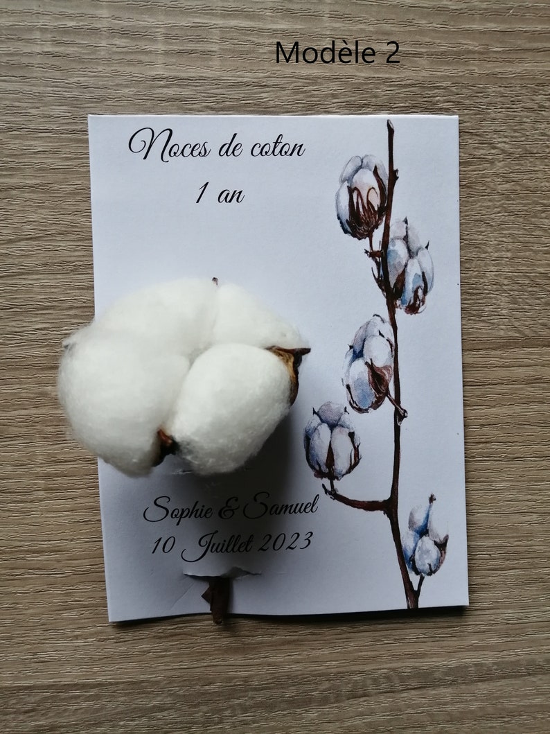 carte "noces de coton" avec une fleur de coton, 4 modèles au choix, personnalisable image 2