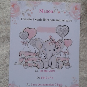 carte invitation anniversaire, modèle éléphant fille, personnalisable