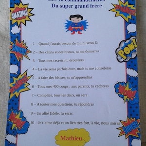 carte super héros "les 10 commandements du super grand frère", personnalisable