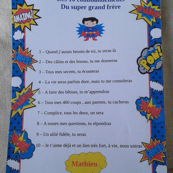 carte super héros "les 10 commandements du super grand frère", personnalisable