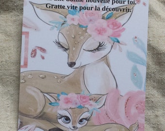 carte à gratter biche et faon "tu vas être grande soeur", personnallisable