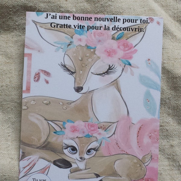 carte à gratter biche et faon "tu vas être grande soeur", personnallisable