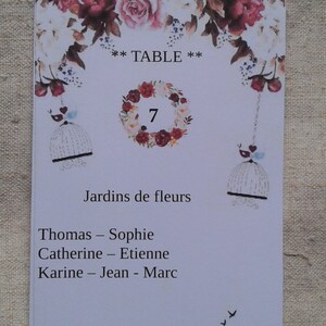 carte plan de table "cages et fleurs", personnalisable