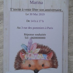 carte invitation anniversaire, modèle  hérisson, personnalisable