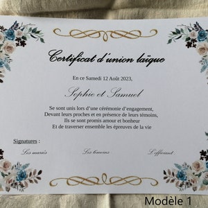 certificat d'union laïque, personnalisable, 6 modèle au choix
