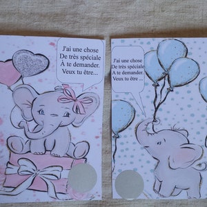 lot de 2 cartes à gratter éléphant "demande parrain et marraine", personnalisables