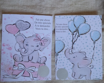 lot de 2 cartes à gratter éléphant "demande parrain et marraine", personnalisables