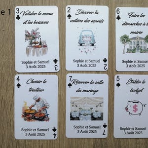 lot de 54 cartes "planificateur de mariage", 5 modèles au choix dont cartes à jouer, avec ou sans boite , personnalisables