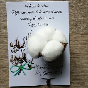 carte "noces de coton" avec une fleur de coton,  personnalisable