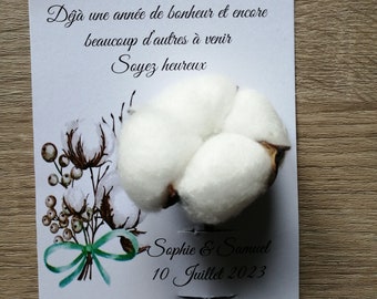 carte "noces de coton" avec une fleur de coton, 4 modèles au choix, personnalisable