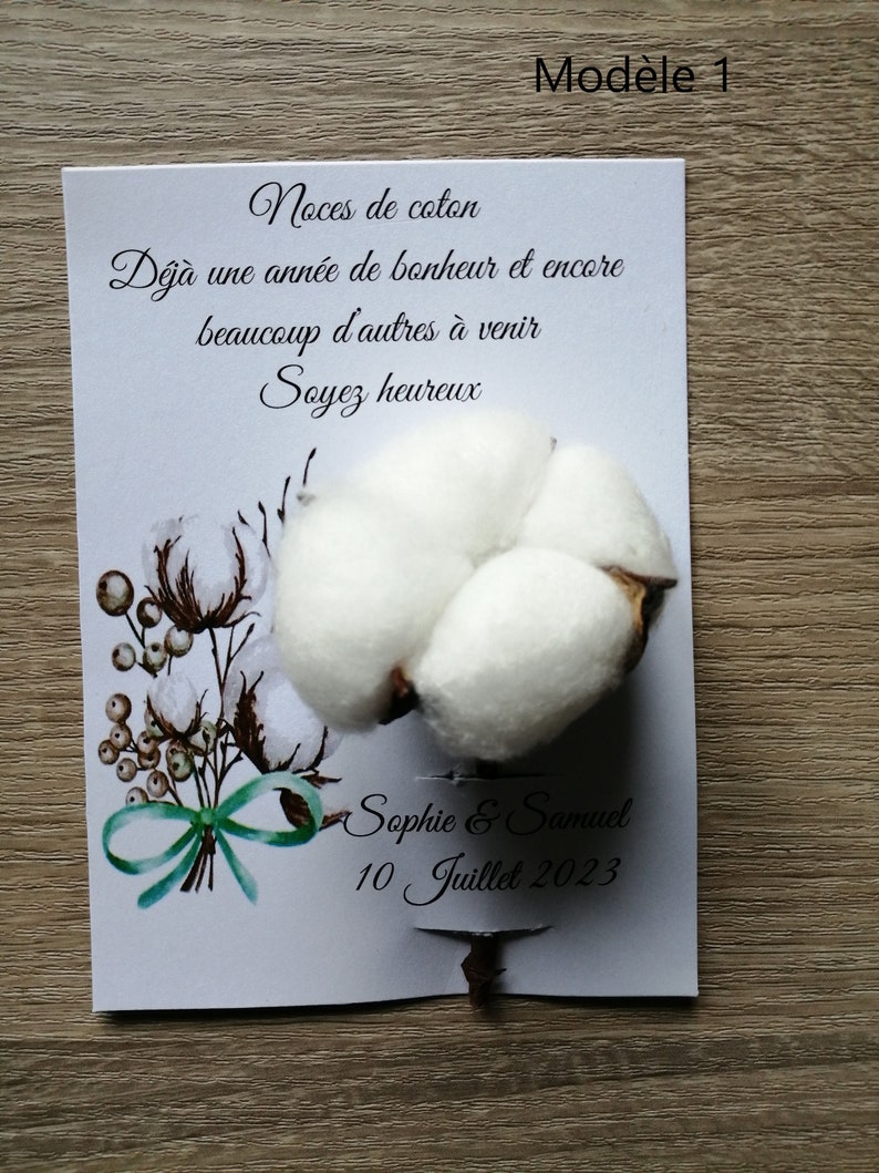carte "noces de coton" avec une fleur de coton, 4 modèles au choix, personnalisable image 1