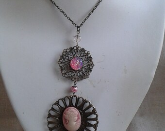 necklace "pink prints and cameo"