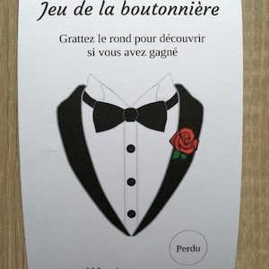 lot de 10 cartes à gratter , jeu de la boutonnière du marié, personnalisable, 5 modèles au choix