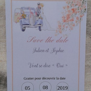 carte à gratter "save the date", voiture des mariés, personnalisable