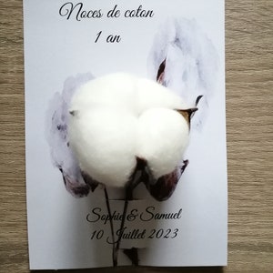 carte "noces de coton" avec une fleur de coton, 4 modèles au choix, personnalisable image 4